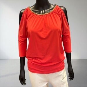 Michael Kors Mob Wife Aesthetic Gold Chain-Link Cold Shoulder Top
